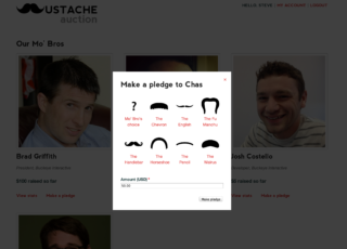 The Mustache Auction app's "Make a Pledge" screen