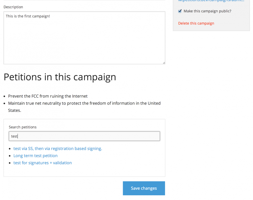 Interface for adding petitions to a campaign