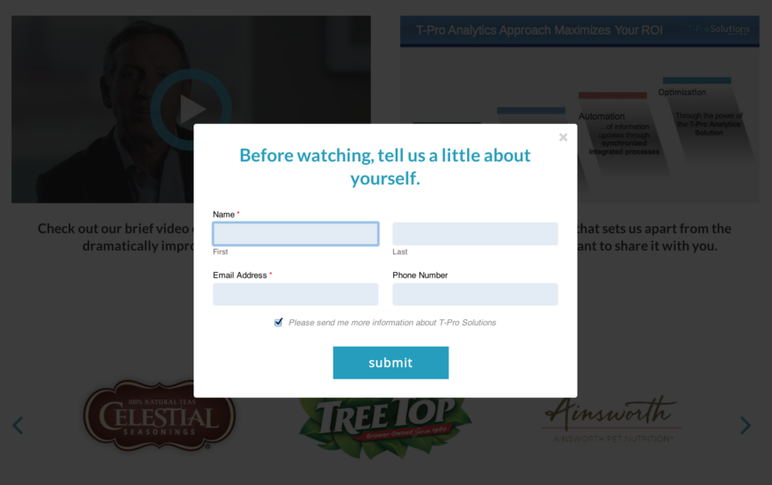 A lead-capture form shown before users can view private videos