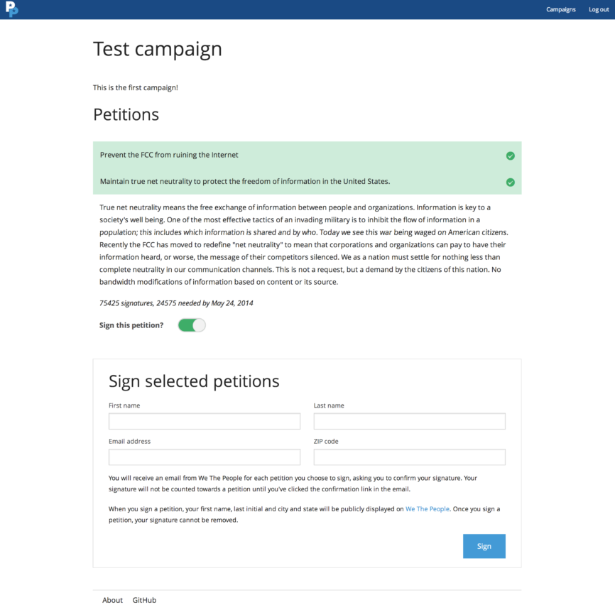 A single campaign for Petition The People with two petitions selected for signing
