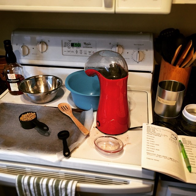Home coffee roasting setup for making bourbon-infused coffee