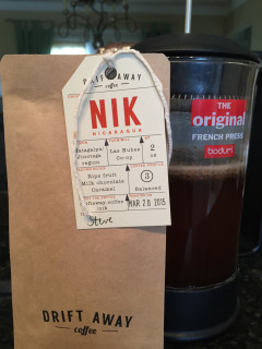 Driftaway's Nicaraguan coffee being prepared in a French Press