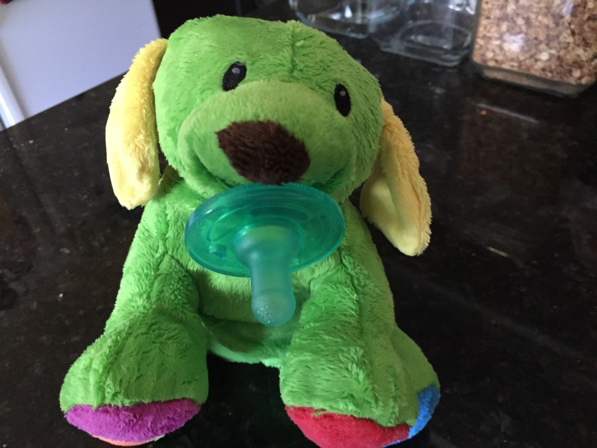 A pacifying plush puppy, holding a pacifier