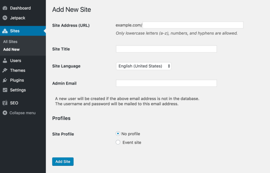 The WordPress Network Admin "Add a new site" screen, with a new "Profiles" section appended with choices for "No profile" and "Event site"