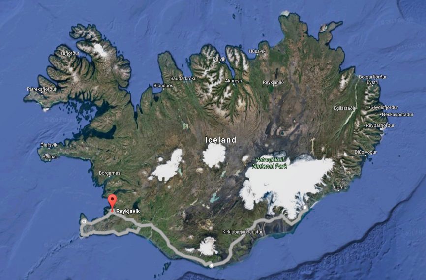 A driving route along the south end of Iceland, east to the glaciers, then around the north end of the "Golden Circle".