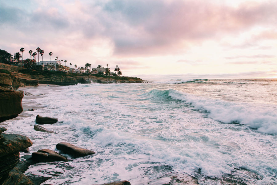 The Pacific coastline in San Diego at sunset