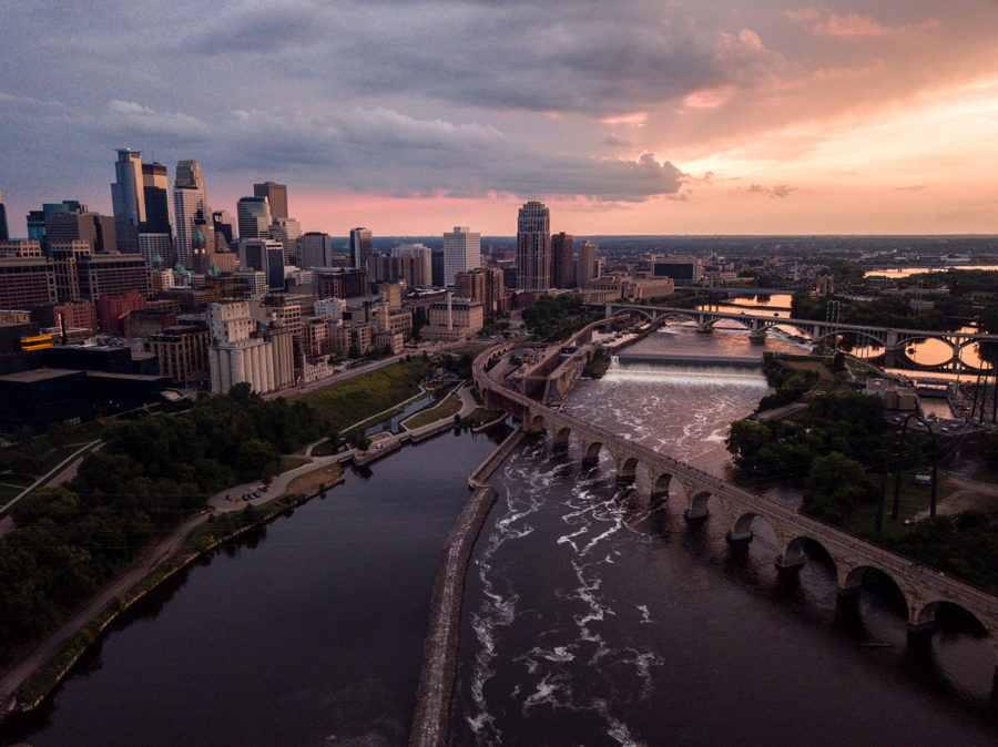 An aerial view of the Minneapolis, Minnesota skyline