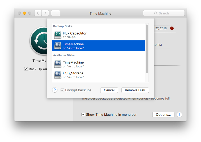 The "Add or Remove Backup Disks" screen from Apple's Time Machine preference pane