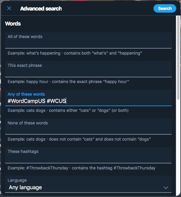 The Twitter advanced search, with "#WordCampUS" and "#WCUS" in the "Any of these words" field