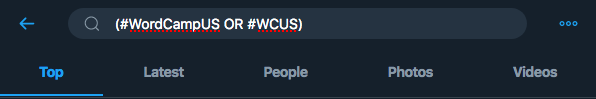 The default Twitter search box, populated with the boolean "(#WordCampUS OR #WCUS)" query
