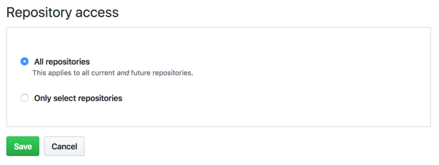 The "Repository Access" screen within GitHub's permissions screen, letting users choose between granting access to all or select repositories