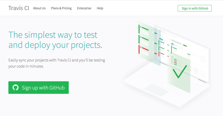 The Travis CI homepage, with a big "Sign Up with GitHub" button