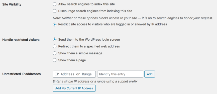 The WordPress "Reading Settings" screen with Restricted Site Access activated